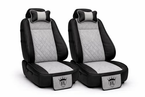 Image of Ultra Comfort Luxury PU Leather Pack of 2 Igrey Seat Cover Cushion for All Cars,SUV,Office Chair,Home Chair with Neck Rest Pillow-Easy Fit,Pocket Flap(Universal Fit,2 Pack)