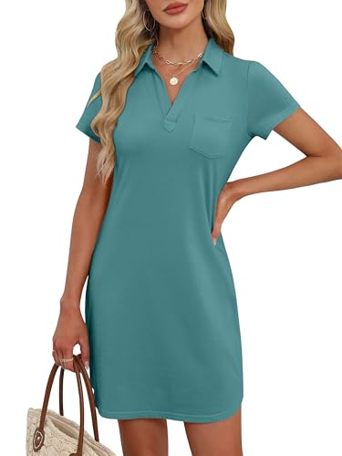 Image of ANRABESS Women Mini T Shirt Dress, V Neck Short Sleeve with Pockets, Soft Medium Stretch Trendy Summer Casual Beach Vacation
