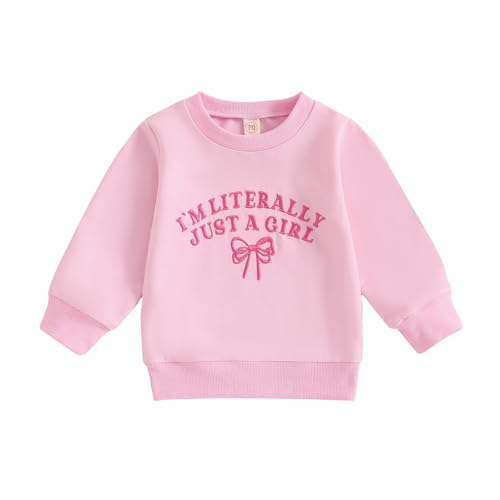 AHUGHAUE Toddler Baby Girl Sweatshirt I'm Literally Just A Girl Bow Embroidery Long Sleeve Pullover Cute Spring Fall Clothes (Pink, 2-3 Years)