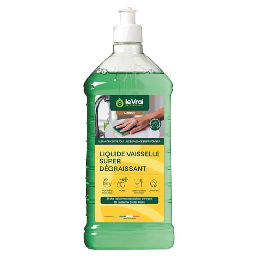 LE VRAI PROFESSIONNEL - Liquide Vaisselle Super Dégraissant - Élimine Graisses et Résidus - Ecologique - Parfum Fruité - Fabrication Française - Flacon 1 L