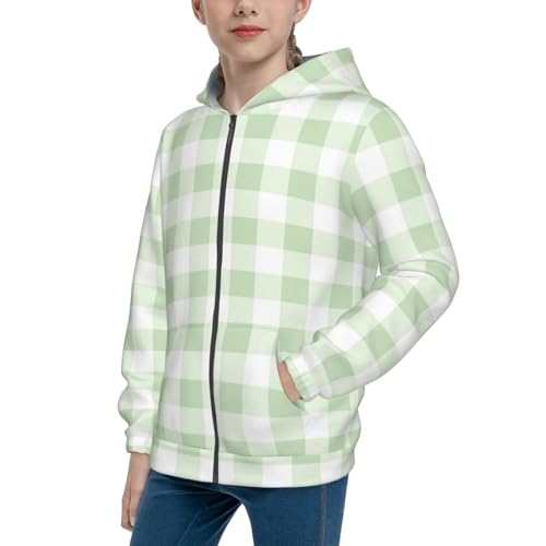 Pistachio Green Checkboard Kids Pullover Hoodies Boys Zip Up Sweatshirts Girls Athletic Clothes with Pocket
