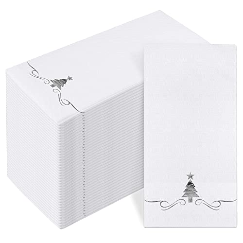 100 Pack Christmas Disposable Guest Napkins 12 x 17 Inch Silver Foil Christmas Trees Napkins Xmas Tree Hand Towels for Bathroom Kitchen Weddings Christmas Holiday Party
