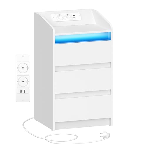 Hzuaneri Nachttisch mit 3 Schubladen, Beistelltisch mit Ladestation und LED, 2 AC-Steckdosenund 2 USB-Anschlüsse für Schlafzimmer, Wohnzimmer, Weiß NS40003X