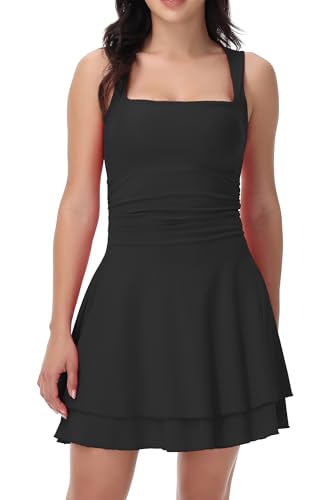 Women Square Neck Short Mini Party Dress Ruched Waist Ruffle Flowy Cute Cocktail Bodycon Formal Dresses Summer Fall2