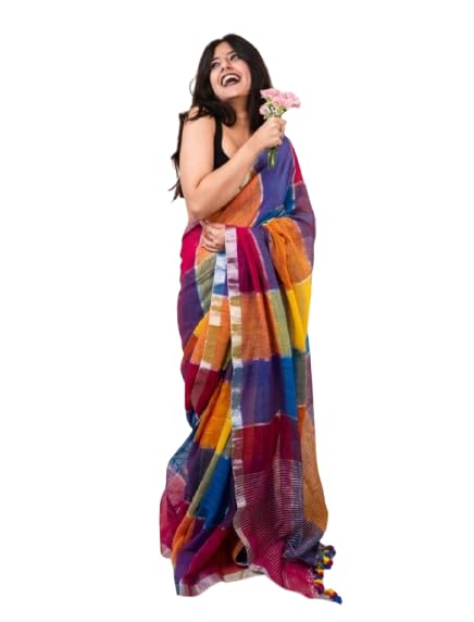 womens traditionalpure linen cotton soft self deseign trending multicolour saree with elegant tassel &running blouse picse-image-44