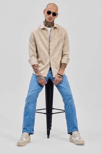Image of SNITCH Men Casual Shirt | Slim Fit Full Sleeve Mandarin Collar Stripes Design | Premium Viscose Blend & Breathable Fabric for Everyday & Semi-Formal Wear