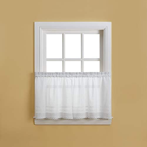 CHF & You White Crochet Cafe Kitchen Curtain Window Tier Pair, Rod Pocket, 29W x 36L inch, Set of 2