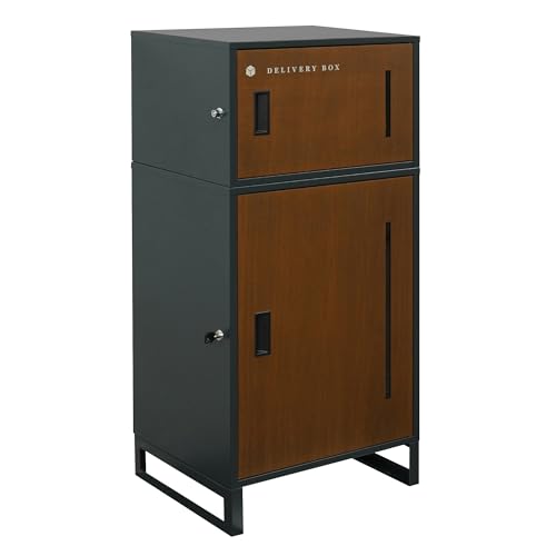 7 Life 宅配ボックス ポスト一体型 置き配 複数投函 スタンドポスト 宅配BOX 簡単設置 大容量 盗難防止 防水 防塵 戸建 屋外 置き型 おしゃれ 北欧 ワンプッシュ施錠 案内ステッカー ワイヤーロック (グレー×ライトブラウン, B+C段セット)