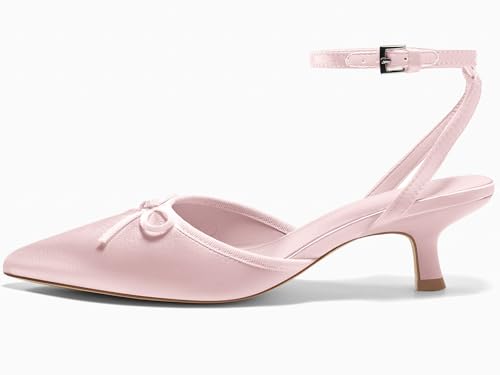 Image of Coutgo Satin Kitten Low Heels with Bow Closed Pointed Toe Short Pumps Dress Wedding Party Shoes