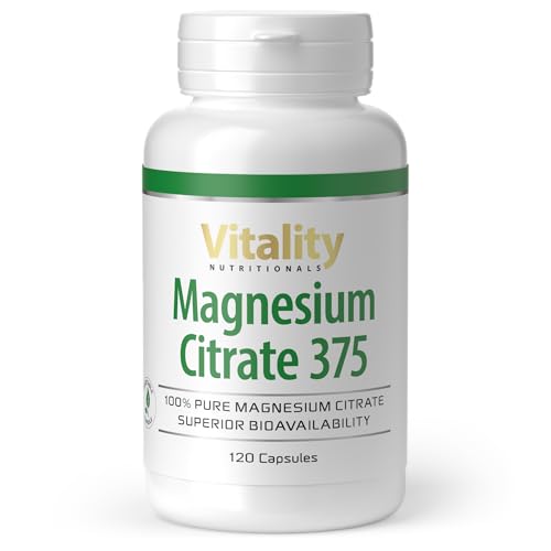 Cápsulas de citrato de magnesio, dosis elevada 375 mg, sin aditivos (120 unidades) músculos, sistema inmunológico, huesos, metabolismo energético, Magnesium Citrate 375 Vitality Nutritionals