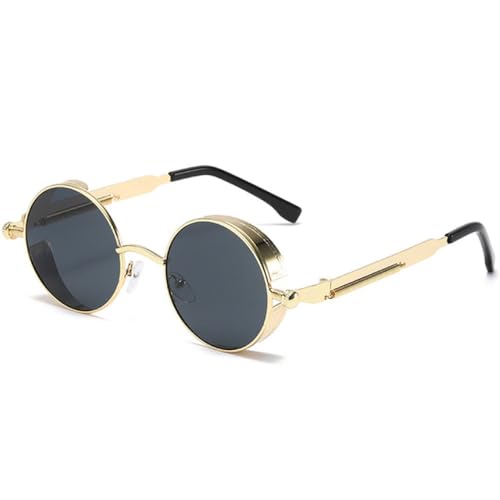 Lunettes de soleil steampunk UV400 protection totale avec monture métallique ronde gris doré