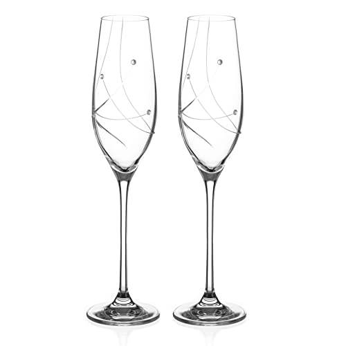 DIAMANTE Swarovski Champagne Flutes Prosecco Glasses Pair - 'Angelina' Embellished with Swarovski Crystals - Set of 2