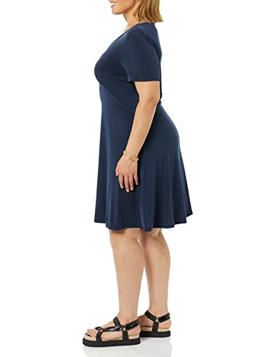 Image of Amazon Essentials Women's Short Sleeve V-Neck Gathered Flattering Fit and Flare Dress