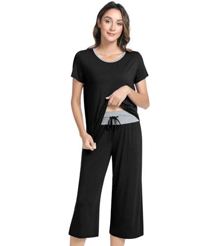Image of NACHILA Bamboo Viscose Women's Pajamas Sets Short Sleeve Sleepwear and Capri Pants
