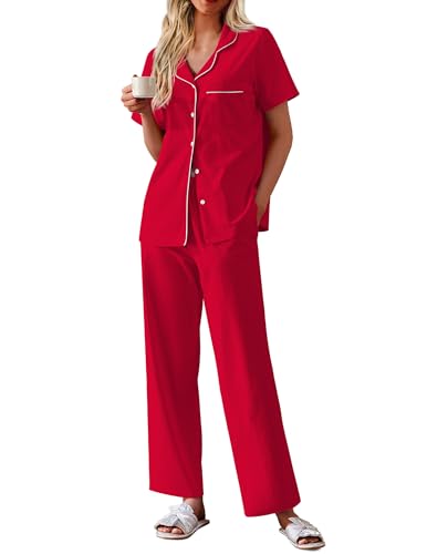 Image of Ekouaer Women's 100% Cotton Pajamas Set Short Sleeve Button Down Pjs 2 Piece Soft Sleepwear with Long Pants Lounge Set