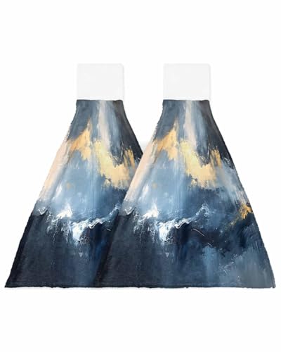 Modern Blue Kitchen Hand Towels Hanging Loops Set of 2 Gold