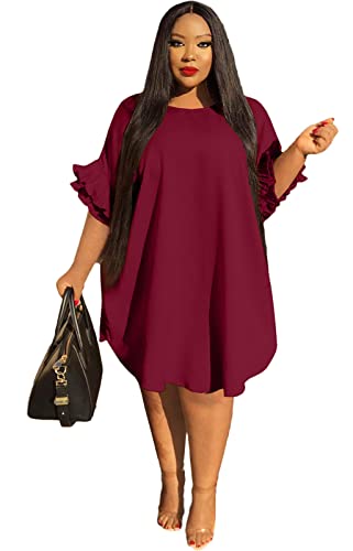 Image of Ekaliy Women's Casual Vintage Ruffle Sleeve Loose Party Midi Plus Size Dress Casual Summer