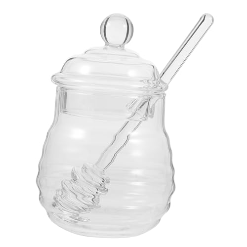 BRIGHTFUFU Clear Honey Pot Set with Dipper and Lid Spiral Design Glass Jar for Home Kitchen Use Premium High Borosilicate Glass for Storing Bee Honey