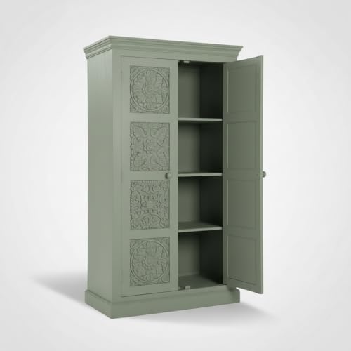 Image of APRODZ Floreale Mango Wood Wardrobe for Bedroom 2-Door Modular Wooden Almirah for Storage /Space Saving Storage Organizer Rack Clothes Cupboard for Bedroom (Sage Green Finish)