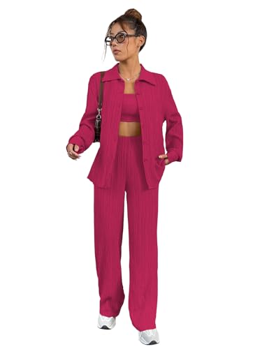 Image of Shasmi Women's 3-Piece Co-ord Set - Solid Button Front Shirt, Strapless Tube Top & Wide Leg Pants | Casual Loose Fit Western Outfit for Daily Spring /Fall Wear (Co-Ord-208)