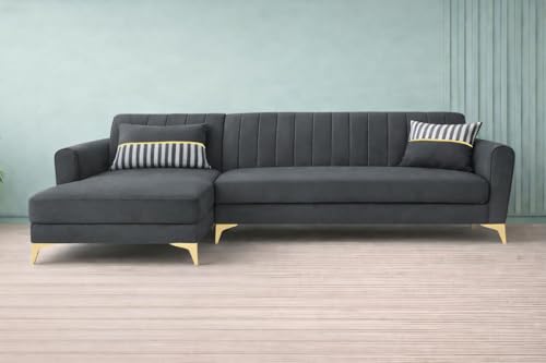 Image of Adorn India Premium Luster 8 Seater L Shape Sofa Set with 2 Puffy & 1 Center Table | Velvet Suede Fabric | 3-Year Warranty | LHS | Dark Grey with Golden Legs & Striped Pattern Cushion