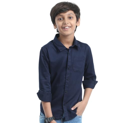 Image of Red Nine Rocket Science Boys' Solid Satin-Finish Poly Cotton Shirt | Single Pocket, Spread Collar, Long Sleeve, Casual