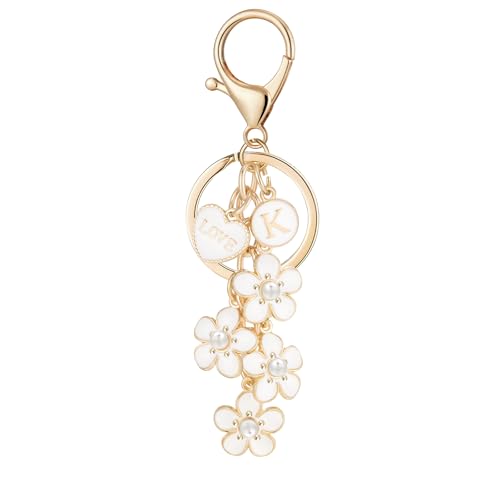 OKAICEN White Flower Heart Initial Letter Keychain for Women Girls Bag Charms Keyring for Handbag Backpack - K