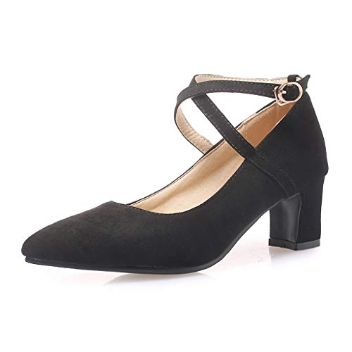 MIOKE Women's Pointed Toe Chunky Mid Block Heel Pumps Suede Comfy Cross Strap Mary Jane Elegant Dress Shoes