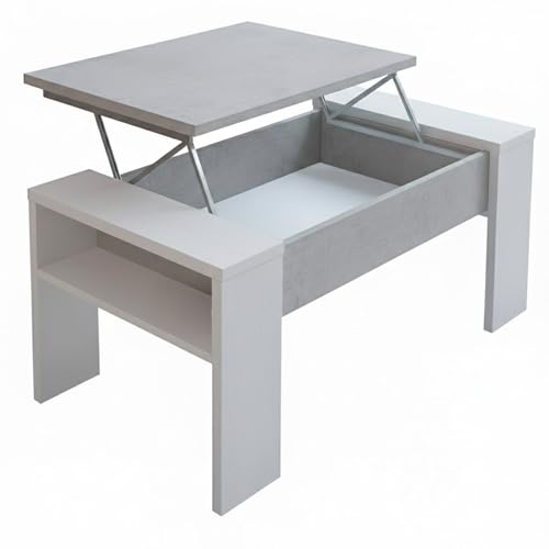 Arreditaly Tavolino Da Salotto Trasformabile Con Piano Sollevabile E Vano Contenitore Tavolo Moderno Per Living Soggiorno Smart Working 98 x 50 x 43 Cm (Bianco e Grigio Cemento)