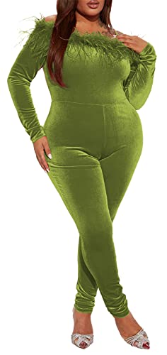 Womens Sexy Long Sleeve Off Shoulder Feather Paneled Bodycon Party Clubwear Jumpsuit Rompers Green #TOP2