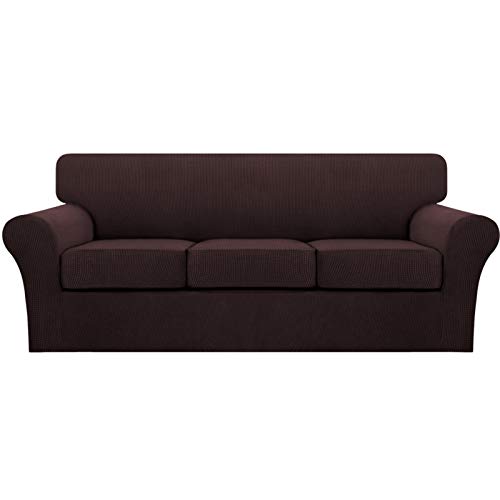 Turquoize 4 Piece Sofa Covers for 3 Cushion Couch Sofa Slipcover Soft Couch Cover for Dogs Washable Furniture Cover with 3 Individual Large Cushion Covers Feature Fabric (Large Sofa, Brown)