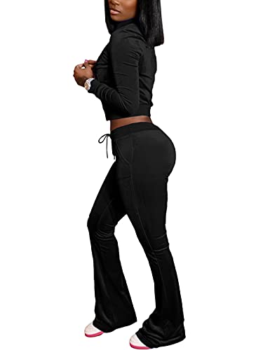 Women Velour 2 Piece Outfits Zip Crop Jackets Wide Leg Pants Sets Tracksuits4