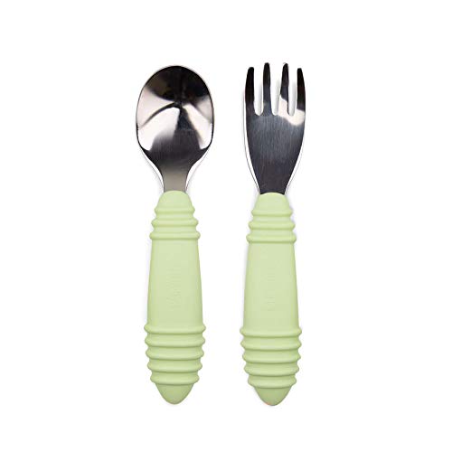 Image of Bumkins Toddler Utensils, Kids Size Fork and Spoon Set, Silicone and Stainless-Steel Training Silverware, Angled Forks / Sporks for Self-Feeding, Children Hold Learning to Eat, 18 Mos Up, Sage Green
