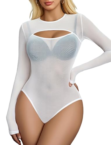 Image of GirlFriend Mesh Bodysuit for Women Long Sleeve Body Suit Sexy Tops Cut Out Leotard See Through Shirts Sheer Rave Outfits