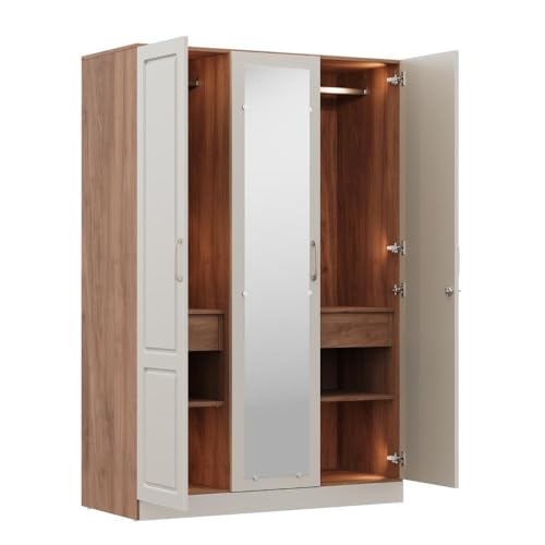 Image of Wakefit Wardrobe for Bedroom | 3 Yr Warranty | Cupboard for Bedroom, Almirah, Wooden Wardrobe, Comes with LED light, Storage Drawer, Mirror & Hanger, Density:680-750kg /m, Free Installation(Tyrian-CB)