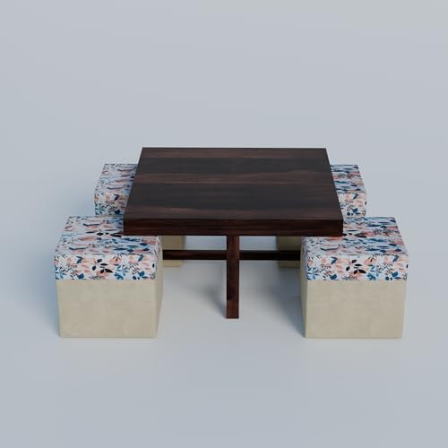 Image of Soild Sheesham Wood Centre Coffee Table with 4 Stools for Living Room Hall Bedroom Office | Wooden Center Coffee Table for Outdoor Garden Home | (Dark Oak)
