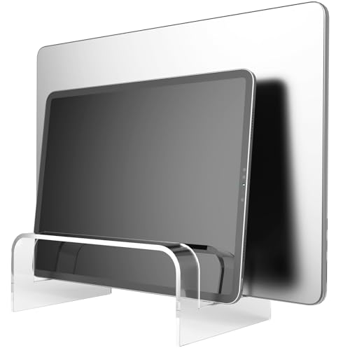 NiHome Clear Acrylic Vertical Laptop Stand, Compatible with Laptops and Tablets up to 2.8cm Thick, Space-Saving, Stylish and Scratch-Resistant Design, Secure with Anti-Slip Silicone Pads (Medium)