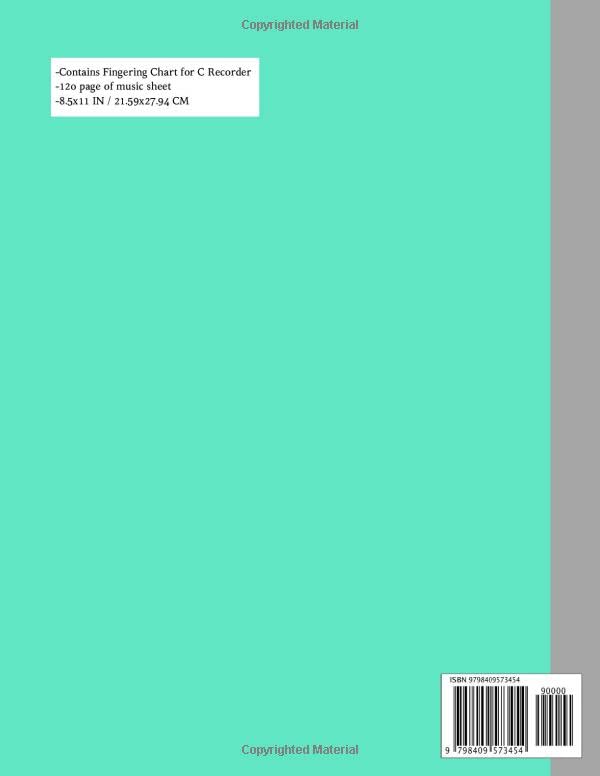 Recorder music notebook, Blank sheet music, Manuscript staff paper music, Gift for recorder players and recorder students, 120 pages, 8.5x11 IN, 12 ... soprano recorder and other quick references image 3