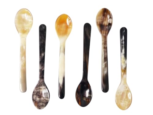 6 Stück Horn Eierlöffel gerade lebhaft gemasert 1A Qualität = 13 cm Laffe 27 x 40 mm