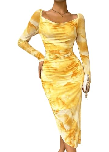 Image of MOEENCN Sexy Women's Bodycon Midi Dress Long Sleeve High Slit Cowl Neck Floral Print Cocktail Party Club Ruched Dresses