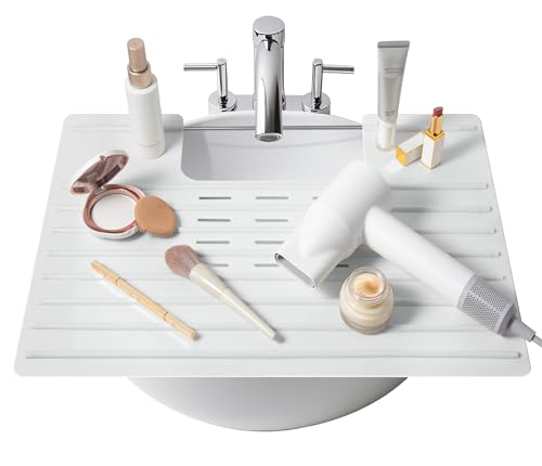 Maplefield Bathroom Sink Cover for Counter Space - Gray, 22 x 2 x 2 Inches - Heat Resistant Silicone Mat - Foldable Vanity Makeup Tray - Space-Saving Sink Cover