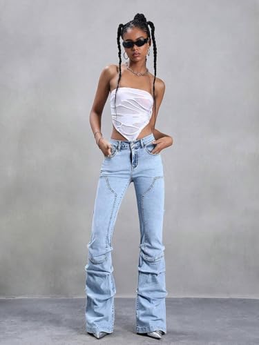 Women's Mid-Rise Jean Casual Pleated Denim Long Pants With Pockets3