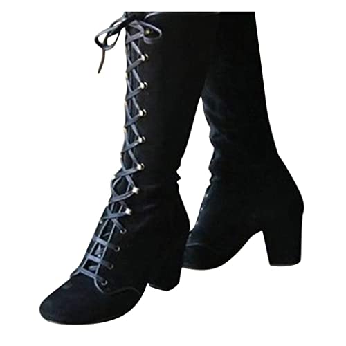 Faux Suede Mid-Calf Height Boot for Women, Casual Lace up Chunky High Heels Booties Winter Warm Vintage Gothic Boots Shoes
