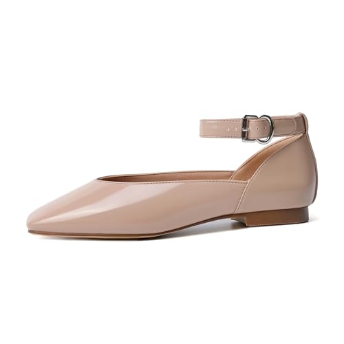 Image of vivianly Mary Jane Shoes for Women Ballet Flats Shoes Buckle Ankle Strap Square Toe Flat Leather Party Dating Flats