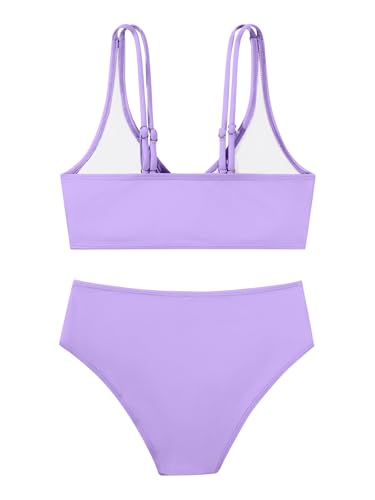 Girls Swimsuit 2 Piece Tropical Floral Twist Cross Swimwear High Waisted Bikini Set Teen Solid Color Bathing Suit 9-16T2