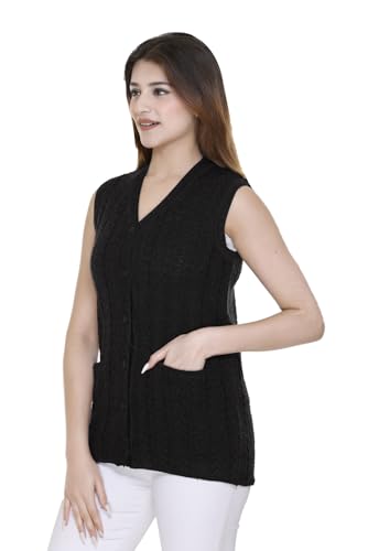 Image of aarbee Self Design Sleeveless V Neck Woollen Cardigan for Women with Front Pockets