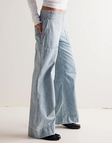 SCOFEEL Women's Pull On Denim Pants Wide Leg Elastic Waist Jeans Casual Loose Fit Baggy Trousers with Pockets4