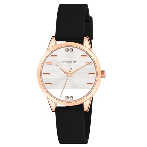 Image of CHARLIEKEEN Women's Elegant Watch with Rose Gold Case, Silicone Band, Crystal Accents, Analog Display