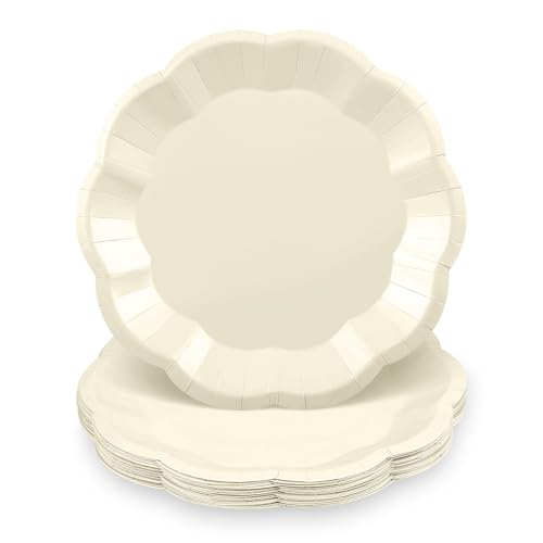 Image of NatNarr 30 Pcs Ivory Paper Plates 7 Inch Scalloped Small Cake Plates | Disposable Cute Dessert Plate Beige Plate for Baby Shower, Bridal Shower, Birthday, Wedding