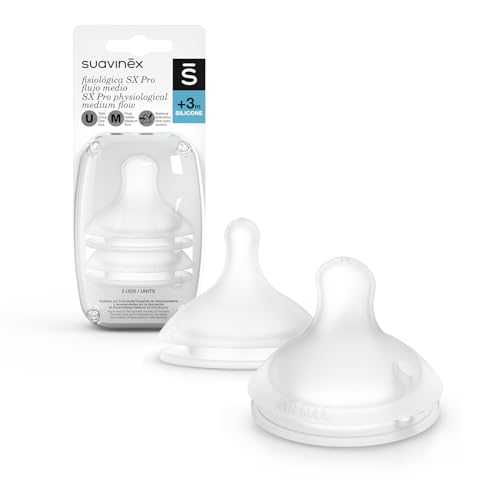 Suavinex, Pack de 2 Tetinas Fisiológicas Sx Pro de Silicona, para Biberones Suavinex, de Flujo Medio (M), para Leche, Zumo o Agua, +3 Meses, con Válvula Anticólico, 2 Unidades